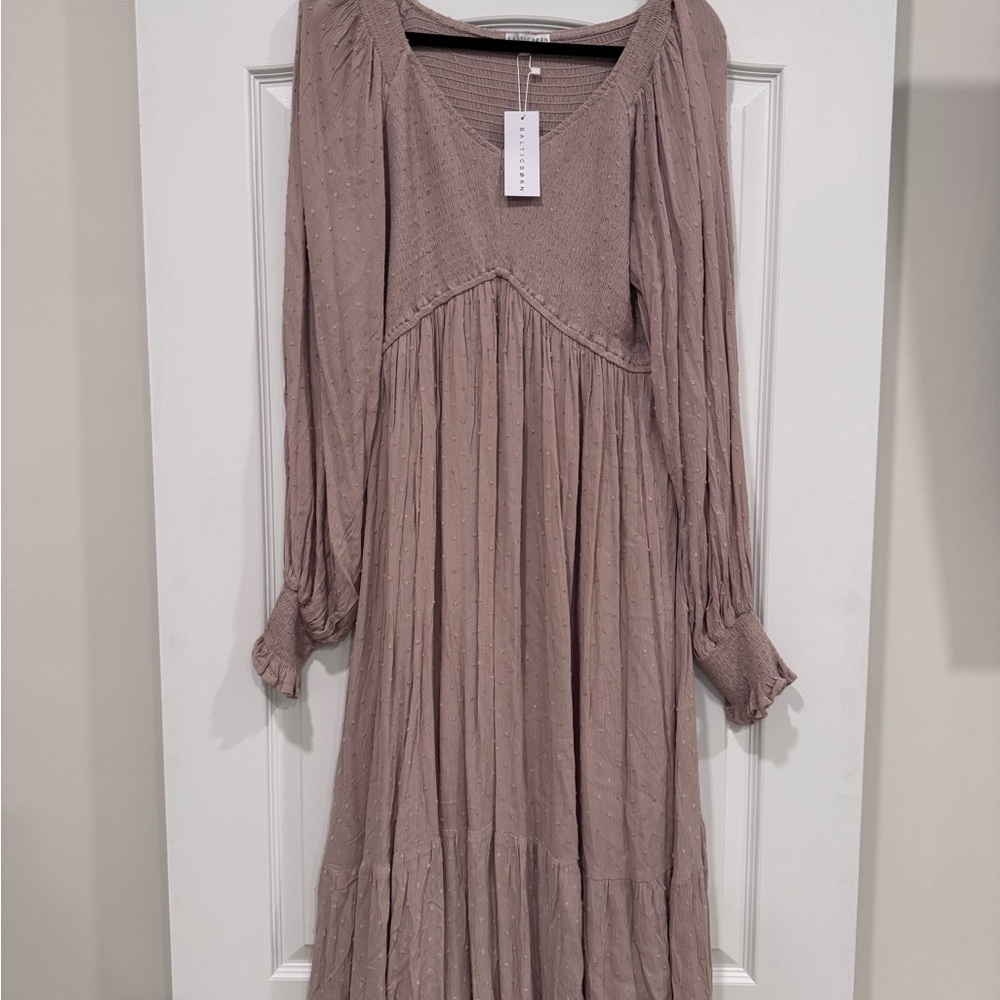 Baltic Born Lainey Smocked Dotted Midi Dress Beige 2XL NWT